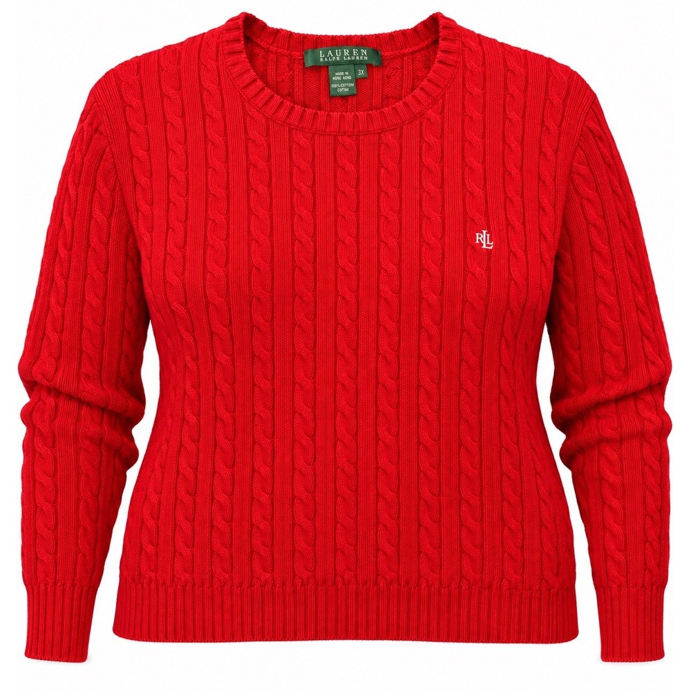 Lauren Ralph Lauren Women's Red Cotton Cable-Knit Crewneck Pullover Sweater 3X